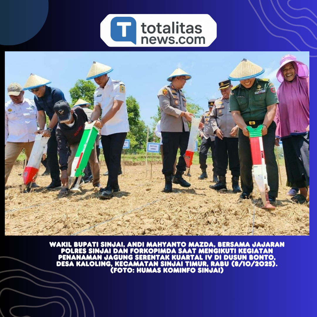 Wakil Bupati Sinjai, Andi Mahyanto Mazda, bersama jajaran Polres Sinjai dan Forkopimda saat mengikuti kegiatan penanaman jagung serentak kuartal IV di Dusun Bonto, Desa Kaloling, Kecamatan Sinjai Timur, Rabu (8/10/2025). (Foto: Humas Kominfo Sinjai)
